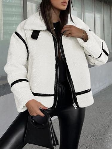 Tankaneo Womens Faux Fur Jackets Winter Trendy Sherpa Moto Leather Patchwork Zip Up Coat thumbnail 5