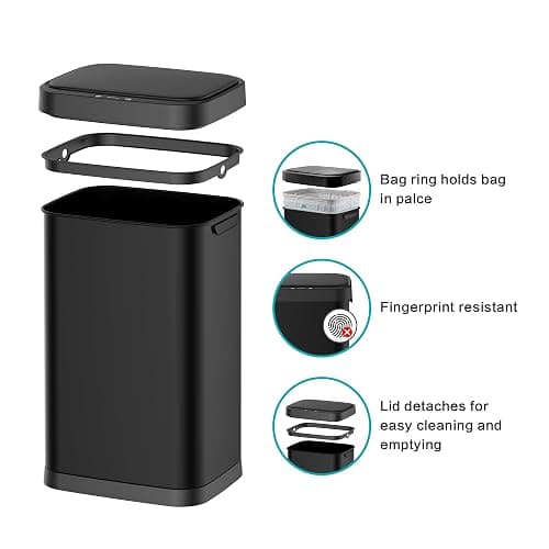 Upella 13 Gallon Stainless Steel Touchless Sensor Trash Can with, Wide Rectangular Design, Brushed Finish – Automatic Lid for Home, Office, Kitchen, Bathroom, and Commercial Use (Black) thumbnail 3