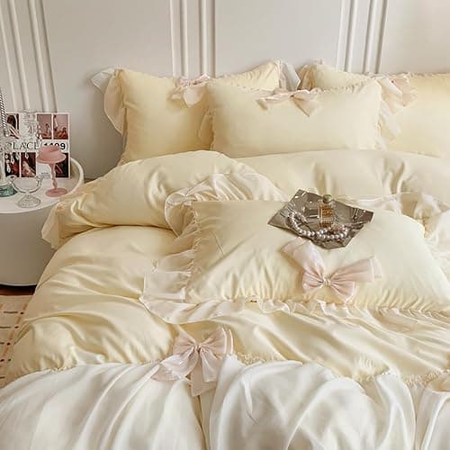 ❤️SOUKECHY Ruffled Bedding Bow Duvet Cover Set with Butterfly Tie, Full Comforter Cover Set, Shabby Chic Bedding Set,Romantic French Princess Style -Yellow,Full thumbnail 8