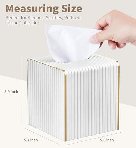 Tissue Box Cover Square with Magnetic Closure, PU Leather Tissue Box Holder with Gold-Tone Edging for Bathroom Vanity Countertop Night Stands Bedroom Office Desk, Modern Home Decor (Cream White) thumbnail 3