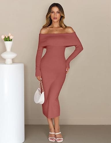 MEROKEETY Women's Fall Off Shoulder Bodycon Sweater Dress 2025 Formal Long Sleeve Elegant Club Party Midi Maxi Dresses thumbnail 3