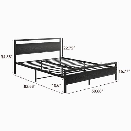 HOJINLINERO Queen Bed Frame with Wood Headboard,Metal Platform Bed Frame Queen Size with Storage No Box Spring Needed,Heavy Duty Queen Size Bed Frame Metal Slats Support Mattress Base No Noise,Black thumbnail 2
