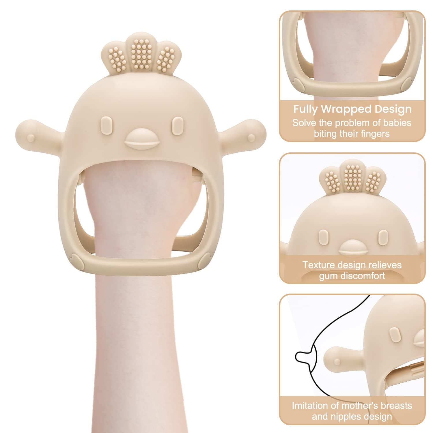 MISSLILI 2Pcs Baby Teething Toy for Infants 3+ Months, BPA Free Anti-Drop Silicone Chick Mitten Teether Toy for Soothing Sore Gums, Baby Chew Toys for Sucking Needs - Beige & Pink thumbnail 3