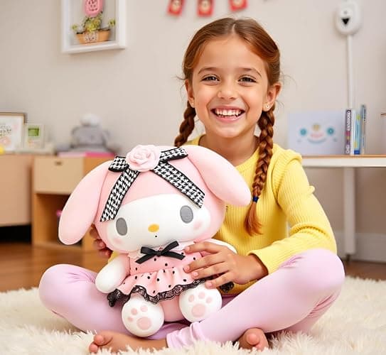 AlphaDesignLuxe 13″ Kitty Plush Toy – Kawaii Cat Stuffed Animal with Long Pink Ears, Polka-Dot Dress, Black Lace Trim & Rose Bow, Soft Plush Doll Gift for Kids, Teens & Collectors thumbnail 8