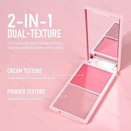 KYDA 2 Colors Cream and Powder Blush Palette, 2-In-1 Matte Contour Blush Makeup for Cheeks, High Pigmented Waterproof Face Cheek Blusher, Natural Contour Palette Powder, 02Soft Blue Pink thumbnail 4
