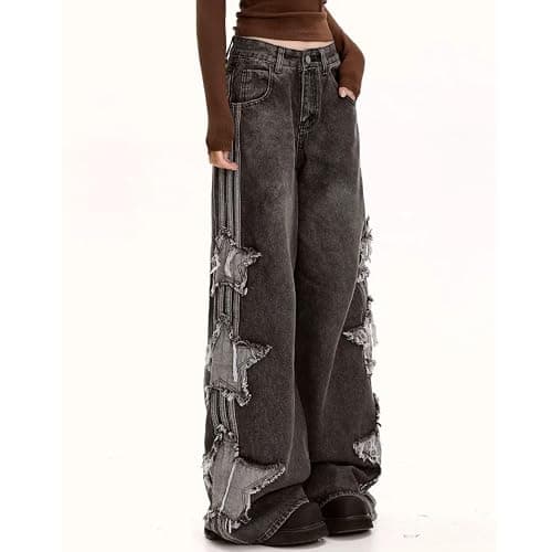 PEAINJ Star Jeans for Women Girls Baggy Cute Patchwork Denim Pants Y2k High Waisted Jeans Grunge Aesthetic Clothes thumbnail 3
