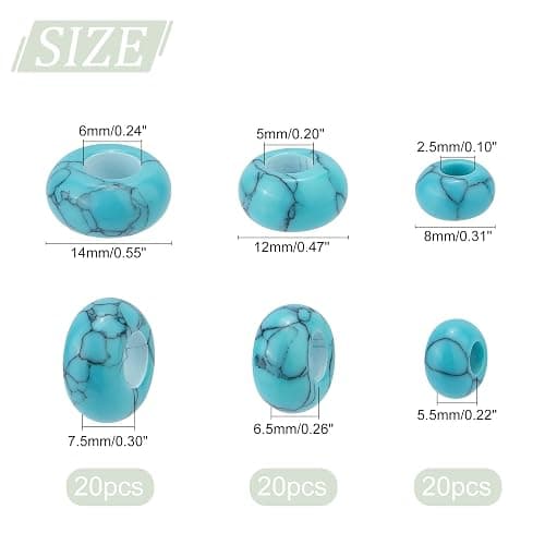 PH PandaHall 60pcs Synthetic Turquoise Beads, 3 Size Large Hole Round Spacer Beads Turquoise Stone Bead European Bead for Bracelet Necklace Earrings Jewelry Making, Hole: 2.5~6mm thumbnail 6