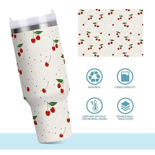 KUEJOP Cherry Print Pattern Stainless Steel Tumbler with Handle and Straw, Water Bottle Reusable Insulated Travel Mug, 40 Ounces thumbnail 8