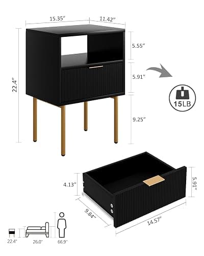 Masupu Nightstand,Mid-Century Modern Bedside Table with Storage Drawer and Open Wood Shelf,Small Gold Frame Side Table for Bedroom,Living Room,Black thumbnail 2