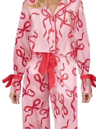 KMBANGI Women Santa Bow Tie Pajama Set Christmas Long Sleeve Shirt Pants Pj Silky Satin Graphic 2Piece Holiday Sleepwear thumbnail 3