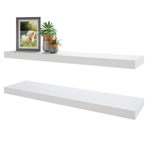 BAMEOS Floating Shelves, 35 in W x 7in D White Wall Mounted Wooden Shelves with Invisible Brackets Set of 2, Hanging Wall Shelves Decoration for Bedroom and Kitchen - Image 1