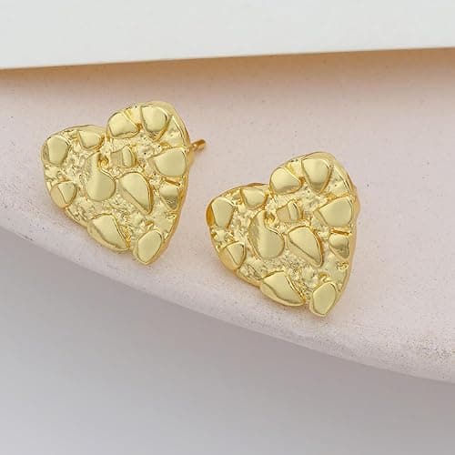 14k Gold Plated Rough Textured Cookie Heart Shape Nugget Stud Earrings For Men/Women Unisex - L(12mm) thumbnail 8