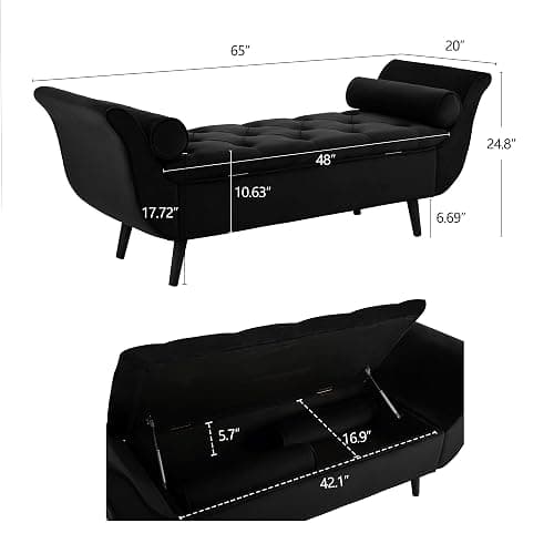Hdxdkog Storage Bench for Bedroom End of Bed, 65" Velvet Upholstered Rolled Armed Button Tufted Stool Bench, Storage Ottoman Long Bench with with 2 Pillows for Entryway (Black) thumbnail 2