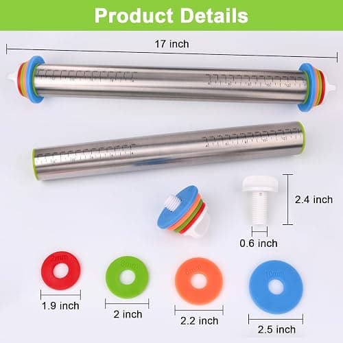 Rolling Pin with Thickness Rings and Red Silicone Baking Mat, Adjustable Stainless Steel Rolling Pins for Pasta or Sugar Decorating Cookies, Bread Making Tools Fondant Roller for Dough, Dumpling thumbnail 3