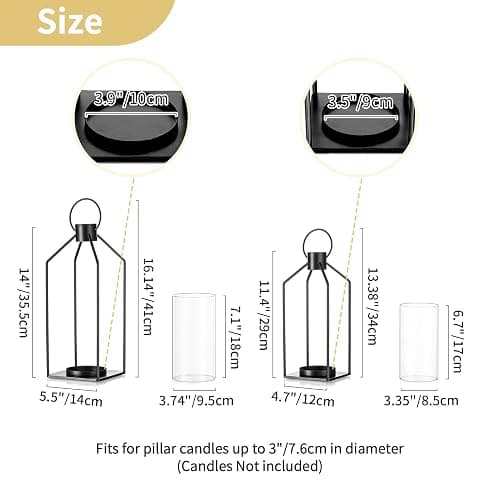 Nuptio Decorative Lantern Candle Holder: 2 Pcs Glass Hurricane Pillar Candles Holders Rustic Black Metal Hanging Lanterns Decor for Outdoor Wedding Farmhouse Home Fireplace Christmas Halloween thumbnail 3