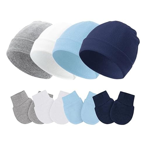 Fecawd Baby Hats and Mittens Newborn Hats Gloves Infant Beanie Soft Cap Mitten Sets for 0-6 Months Boys Girls - Blue,4 Pcs