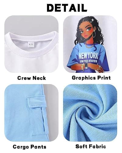 Cakaner Tween Girls Clothes Long Sleeve Graphic Printed Shirt and Cargo Pants 2 Pieces Fall Teen Outfits Size 6-14 thumbnail 5