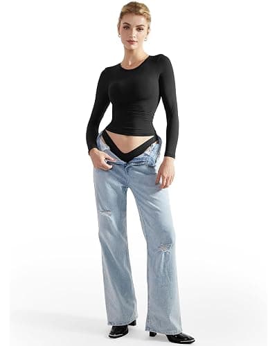 SUUKSESS Women Double Lined Fitted Basic T Shirts Crew Neck Long Sleeve Crop Top thumbnail 5