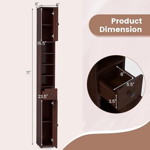 Tangkula Tall Slim Bathroom Storage Cabinet, 71" Freestanding Bathroom Cabinet w/ 2 Doors, 1 Drawer & 5 Adjustable Shelves, Floor Narrow Tower Cabinet for Small Spaces, 8" x 8" x 71" (Brown) thumbnail 3