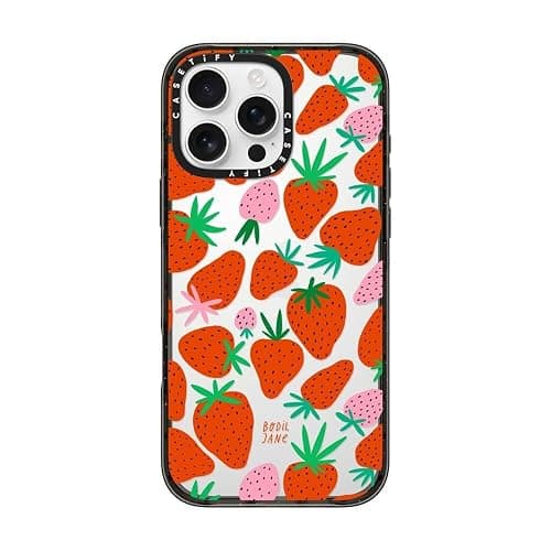 CASETiFY Impact Case for iPhone 16 Pro Max [Slim / 8.2 ft. 4X Military Grade Drop Protection/Wireless Charging Compatible] - Strawberries - Clear Black - Image 1