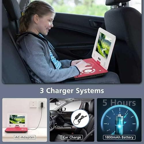 11.5" Portable DVD Player for Kids and Car, 9.5" Swivel HD Screen with 4-6 Hours Built-in Battery, Support Sync Screen to TV, Support SD Card/USB/Multiple Disc Formats (Red) thumbnail 6