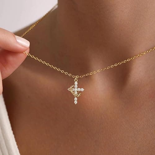 Upgraded Crown Cross Necklace for Women,14K Gold Plated & Silver Plated Crown Cross Pendant Necklace Diamond Cross Necklaces Faith Cross Jewelry First Communion Gifts, 12-Color Birthstone Necklaces for Women thumbnail 3