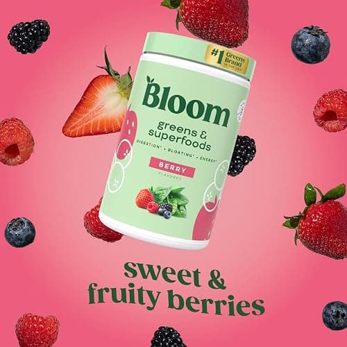 Bloom Nutrition Superfood Greens Powder, Digestive Enzymes with Probiotics and Prebiotics, Gut Health, Bloating Relief for Women, Chlorella, Green Juice Mix with Beet Root Powder, 25 SVG, Berry thumbnail 2
