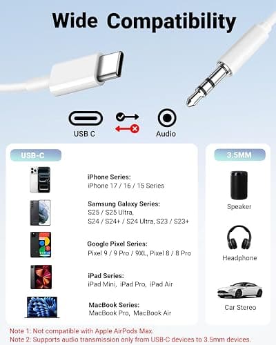 Seulliya USB C to 3.5mm Audio Aux Jack Cable, Aux Cord for iPhone 15, Type C to 3.5mm Headphone Car Stereo Cord Compatible with iPhone 16 Plus /15 Pro Max, Samsung Galaxy S23 S22 Note 20, Pixel 5 XL thumbnail 7