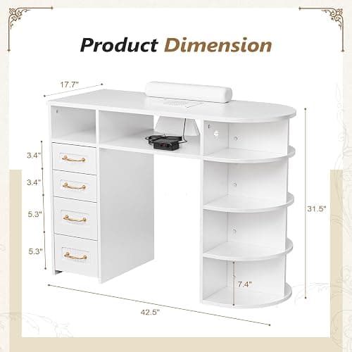 OmySalon Nail Desk for Nail Tech with Electric Dust Collector – Rattan Manicure Table, Professional Salon Station with Display Rack, Storage Drawers, Acetone Resistant Surface & Wrist Cushion (White) thumbnail 2