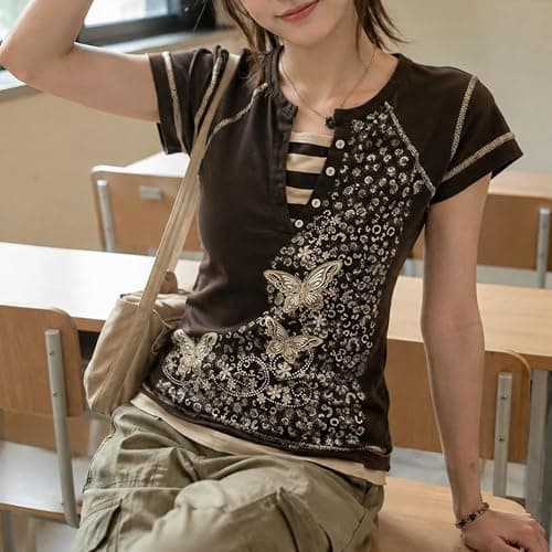 Y2K Grunge T-Shirt Vintage Skull Star Graphic Baby Tee Alt Punk Short Sleeve Crop Top 90s Harajuku Emo Streetwear thumbnail 3