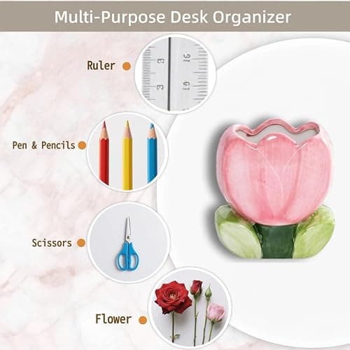 lyvantha Pink Pencil Holder,Ceramic Tulip Pen Holder, Multi-Purpose Makeup Brush, Aesthetic Office Vanity Kitchen Desktop Decor,Perfect Birthday Christmas Gift for Women Girls thumbnail 5
