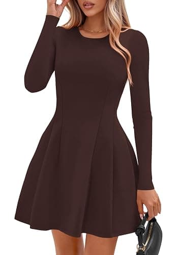 PRETTYGARDEN Long Sleeve Mini Dress for Women 2025 Fall Crewneck Knit Pleated Babydoll A Line Soft Casual Short Party Dresses thumbnail 8