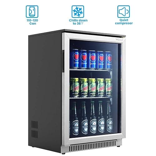 Weili 20 Inch Built in Beverage Fridge with Glass Door, 120 Can Under Counter Soda Beer Drink Refrigerator with Blue LED Light for Home Office or Bar, 36-50°F Auto Defrost thumbnail 3