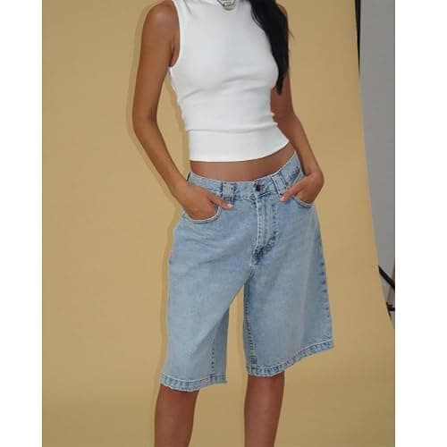NUFIWI Women Baggy Denim Bermuda Shorts Y2k Vintage Straight Leg Denim Shorts Casual Knee Length Jean Jorts with Pockets thumbnail 6