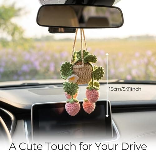 Crochet Hanging Plant for Car, Cute Plant Strawberry Car Accessories for Women, Handmade Boho Charms for Rear View Mirror thumbnail 5