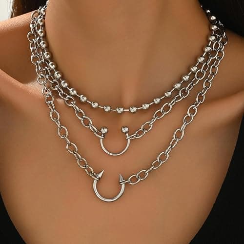 FAJYXTZF Silver Layered Chain Choker Necklace for Women, Punk Y2K Multi-Strand Ball Bead Chain with Pendant, Gothic Statement Jewelry Gift thumbnail 3