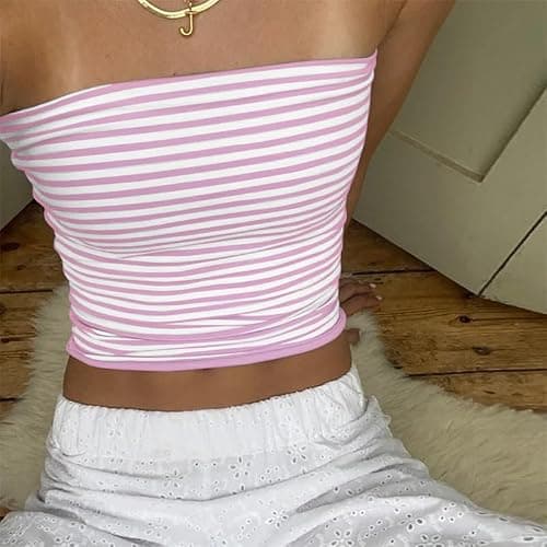 Cioatin Women Strapless Striped Bandeau Tube Tops Y2K Aesthetic Sleeveless Backless Crop Tank Going Out Summer Girls thumbnail 2