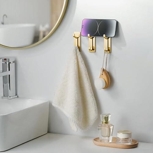 Josmimic Self Adhesive Wall Hooks for Hanging: Extra Strong 13 LB, Hook for Coat, Towel in Bathrooms, Shower, Kitchen, Wall, Door Hook, Brushed Gold 4 Pack thumbnail 4