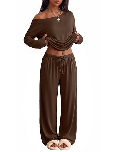 Ekouaer Womens Pajama Sets Off Shoulder Lounge Set 2 Piece Long Sleeve PJs | Soft Comfy Pj Sets, Round-Neck or Off-the-Shoulder Design, 2026 Stylish Casual Outfits for Home, Travel, Vacation & Airport - Image 1
