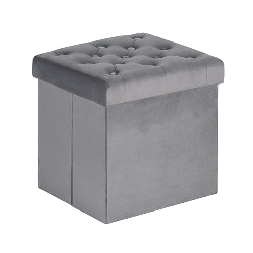 B FSOBEIIALEO Storage Ottoman Cube, Velvet Tufted Folding Ottomans with Lid, Footstool Rest Padded Seat for Bedroom (Grey, Medium) - Image 1