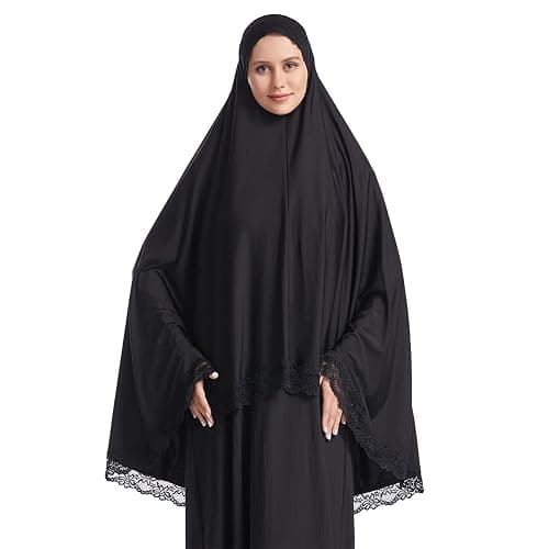 Muslim Women's Instant Big Hijab Jersey Turbans Khimar Abaya Soft Prayer Scarf, 1pc Lace - Image 1