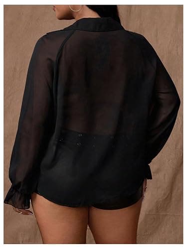 OYOANGLE Women's Plus Size Studded Ruffle Blouse Rave Tops Bishop Sleeve Deep V Neck Mesh Concert Shirts thumbnail 2
