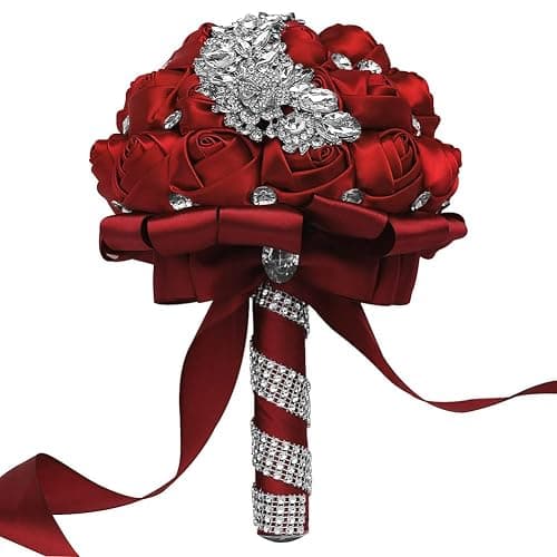 XINNI Brooch Bridal Wedding Bouquet Bride Bridesmaids Satin Rose Flower Bouquet with Meteor Shower Shape Rhinestone for Wedding Dark Red thumbnail 4