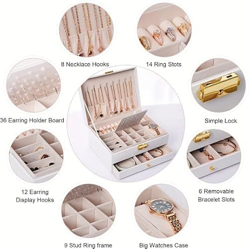 GUOER Jewelry Box for Women Girl Wife - Large PU Leather Jewelry Organizer Storage Case with Two Layers Display for Earrings Bracelets Rings Watches (White) thumbnail 4