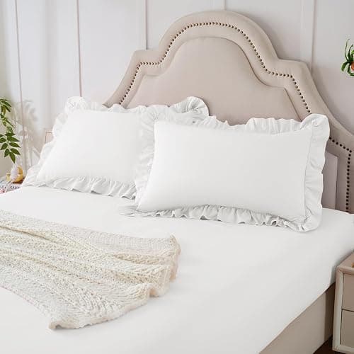 Homiest 2-Pieces Ruffle Pillow Case & Fitted Sheet Set, White Twin Sheets with Ruffled Pillow Shams, 15 Inch Deep Pocket, Cute & Coquette Microfiber Bed Set for Decorating Bedroom Hotel - Image 1