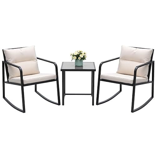 Devoko 3 Piece Rocking Bistro Set Wicker Patio Outdoor Furniture Porch Chairs Conversation Sets with Glass Coffee Table (Beige) - Image 1