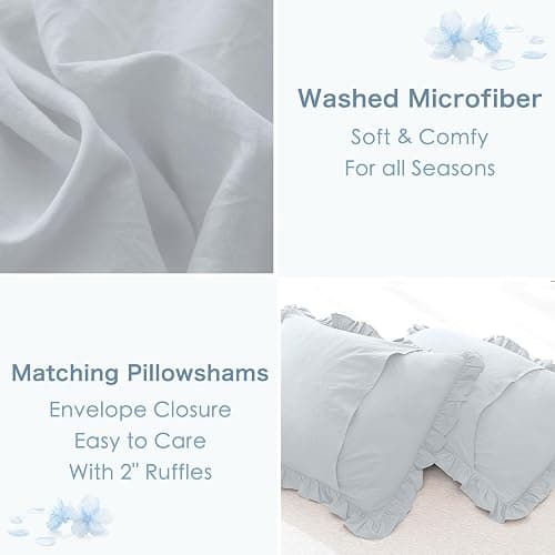 Masaca Ruffle Comforter Full Size,3 Pieces Farmhouse Shabby Boho Chic Full Bedding Set,Vintage Ruffled Rustic Light Blue Bedding Comforter Set for All Season thumbnail 4