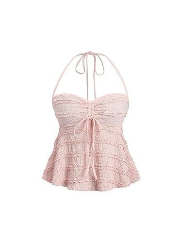 SOLY HUX Women's Peplum Halter Tops Babydoll Y2k Cute Summer Cami Top | Drawstring, Tie, Spaghetti Strap, Casual, Going Out Crop Tops, Country Concert Outfits - Image 1