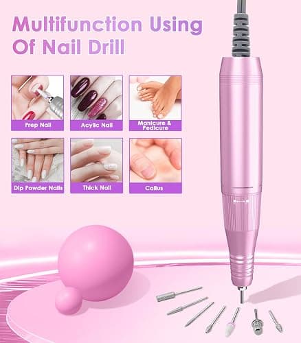 Portable Nail Drill Electric File: Professional Nail E File Machine 40000RPM Rechargeable Cordless Pink Diamond Nail Drill with Bits & Base for for Acrylic Nails Remove Gel Polish Manicure, Salon Home thumbnail 6