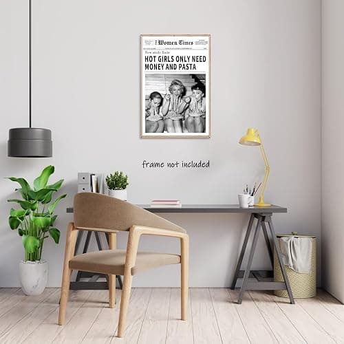 Vintage Women Times Newspaper Canvas Wall Art Black and White Aesthetic Poster Funky Hot Girl Eating Pasta Fashion Prints for Italian Kitchen Bar Cart Girly Dorm Room Art Posters 12x16inch Unframed thumbnail 3